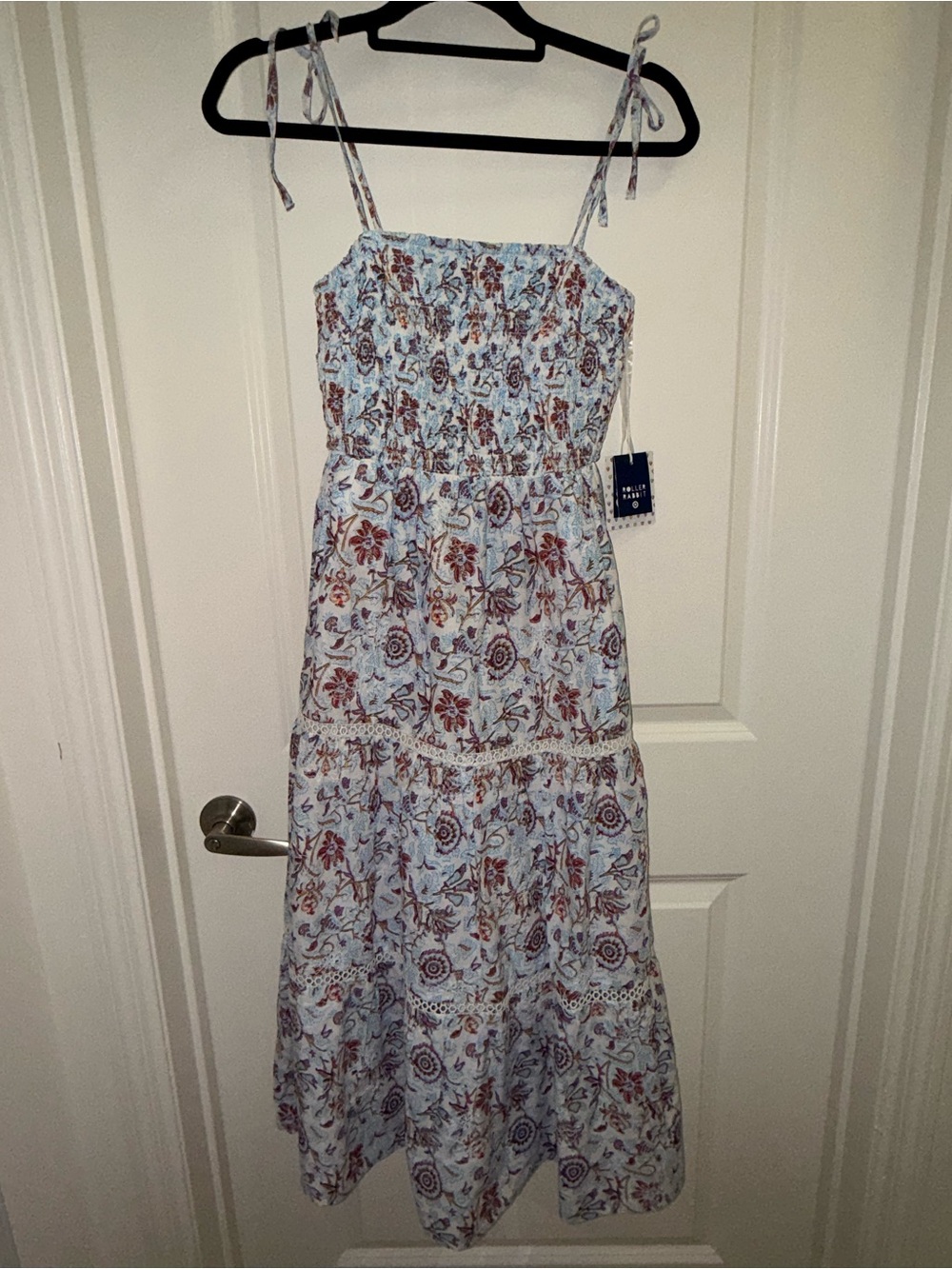 Roller Rabbit Light Blue Floral Maxi Dress with Tie Straps